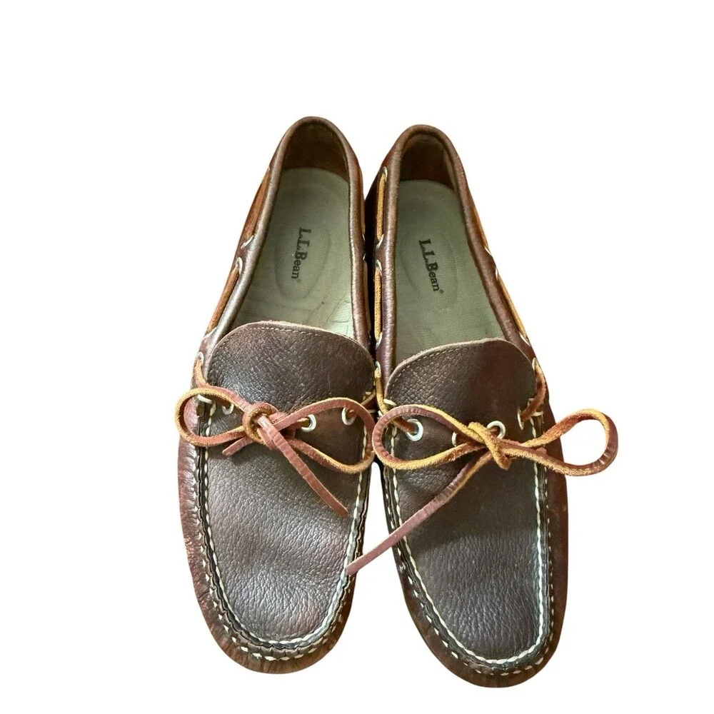 L.L.Bean Men's Brown Leather Boat Shoes  Camp Moccasins Lace-Up US 8 D Round Toe